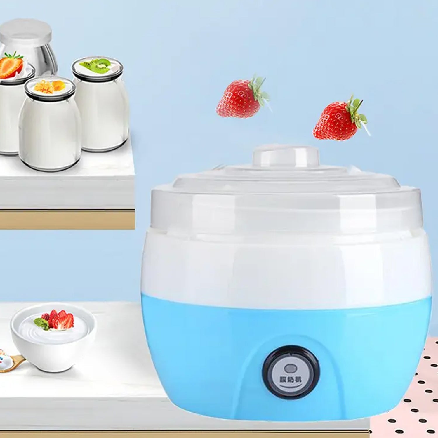 Complete view of the yogurt maker with accessories. Complete view of the yogurt maker with accessories.